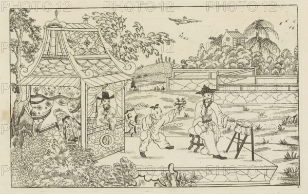 Chinese drummer on a platform in a landscape, Newly invented Chinese, drawn with great difficulty