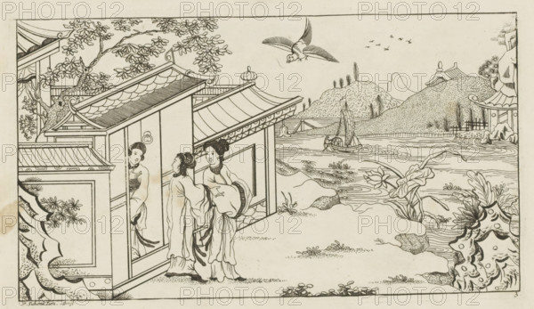 Landscape with three Chinese women at the doorway of a house, Newly invented Chinese, drawn with