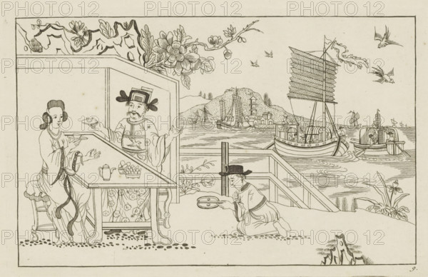 Landscape with a man and a woman drinking tea, Newly invented Chinese, drawn with great difficulty