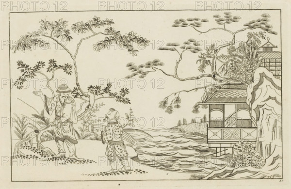 Two Chinese men in a landscape, Newly invented Chinese, drawn with great difficulty and brought to