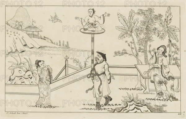 Landscape with figure sitting cross-legged on a platform, New invented Chinese figures drawn with