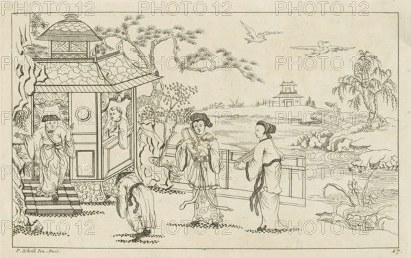 Chinese landscape with figures and a pavilion, Nieuwe geinventeerde Sineesen met groote moeyte