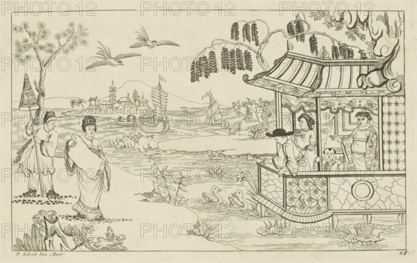 Chinese lady with document in landscape, New invented Chinese drawn and illuminated with great