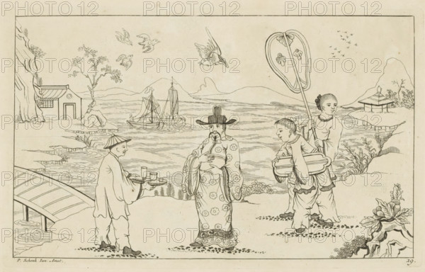 Chinese gentleman receiving tea from a servant in a landscape, New invented Chinese drawn with