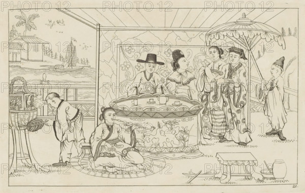 Chinese figures around a tea table, New invented Chinese drawn with great difficulty and brought