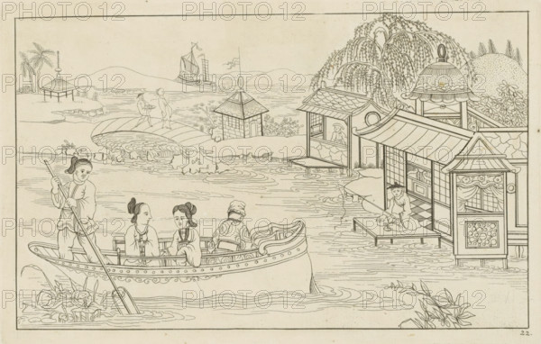 Chinese river landscape with four figures in a boat, New invented Chinese drawn with great
