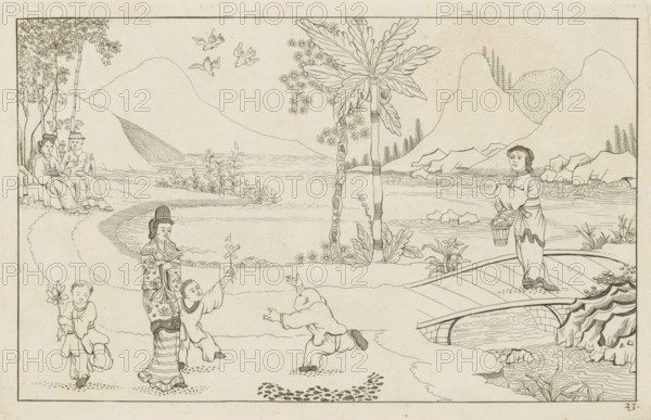 Chinese landscape with playing children, New invented Chinese drawn with great difficulty and