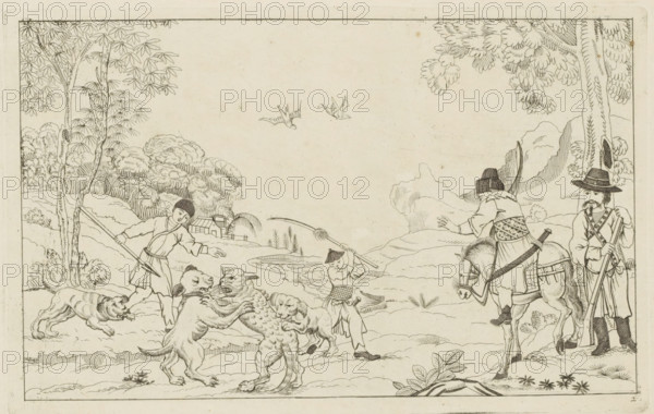Landscape with dogs hunting a wild animal, Chinese hunting scenes, Newly invented Chinese, drawn
