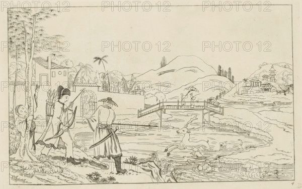 Chinese landscape with deer hunt, Chinese hunting scenes, Newly invented Chinese, drawn with great