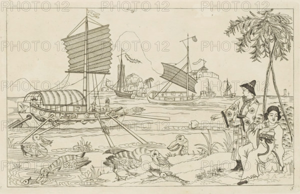 Chinese sailing ships in a bay and fish-eating waterbirds, Chinese hunting scenes, Newly invented