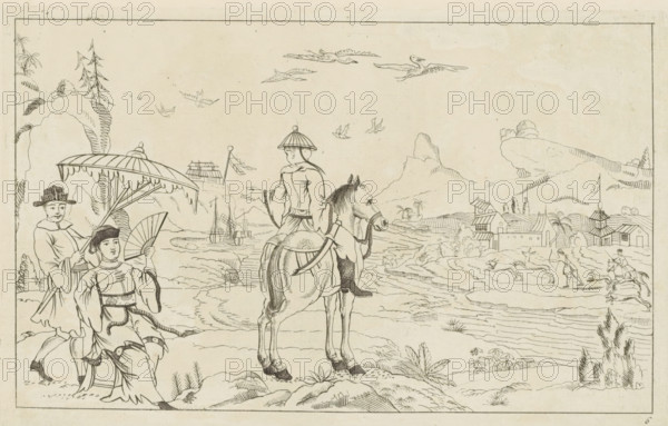Rider and hunting scene in a Chinese landscape, Chinese hunting scenes, New invented Chinese, drawn
