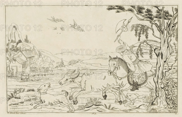 Chinese landscape with bull hunt, Newly invented Chinese, drawn with great difficulty and