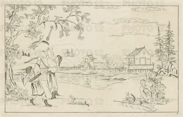 Chinese landscape with squirrel hunt, Chinese hunting scenes, New invented Chinese, drawn with