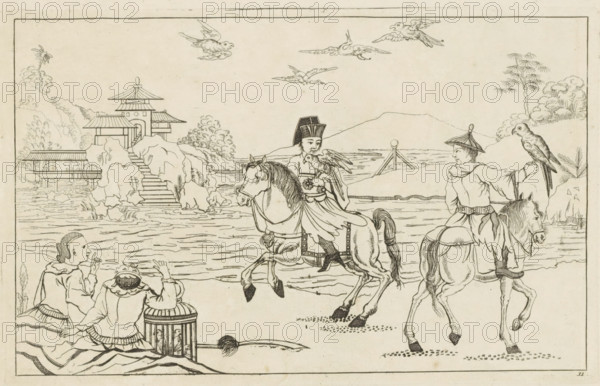 Hunting with birds of prey, Chinese hunting scenes, Newly invented Chinese, drawn with great
