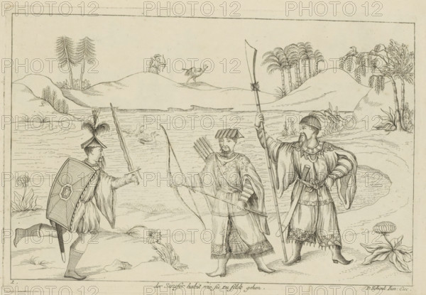 The Chinese custom as they go to the field, Three Chinese warriors in a landscape, Chinese customs,