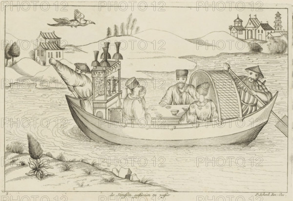 Chinese people at a table on a boat, Der Sinesen gastereien zu wasser, Chinese customs, print,