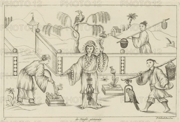 The Chinese Gardening, Chinese Gardeners, Chinese customs, print, album page, ornamental print,