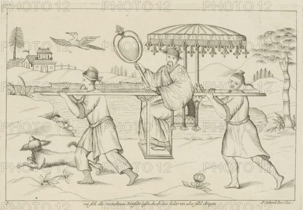 Chinese man in sedan chair, Wie sich die vornehmen Sinesen lasen durch ihre Sclaven uber feld