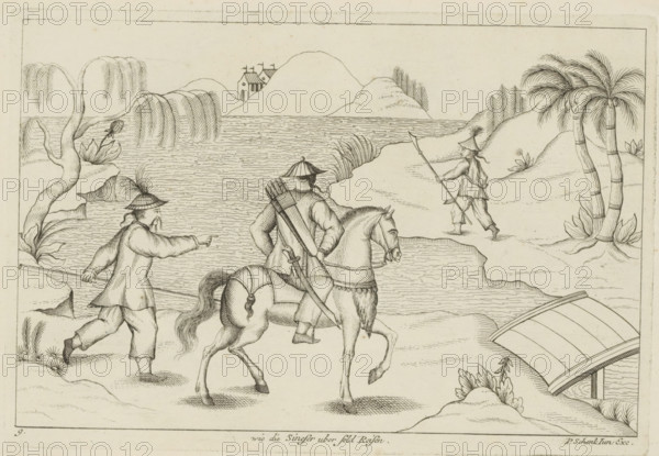 Chinese travelers, Wie die Sineser uber feld Reisen, Chinese customs, print, album page, ornamental