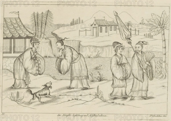 Landscape with Chinese people meeting and greeting each other, Der Sineser besuchung und Abschied