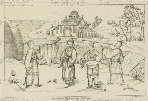 The Chinese musicians pulling out, Landscape with four Chinese musicians, Chinese customs, print,