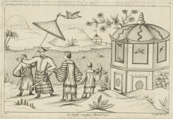 Landscape with Chinese bird sellers, Der Sineser verkauffung Allerhand Vogel, Chinese customs,