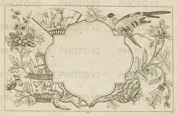 Cartouche surrounded by Chinese motifs, flowers and birds, Chinese flowers and birds, print, album