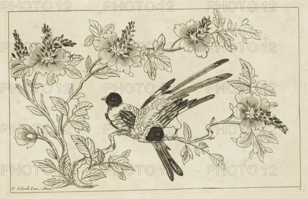 Two birds on a blossoming branch, Chinese flowers and birds, print, album page, ornamental print,