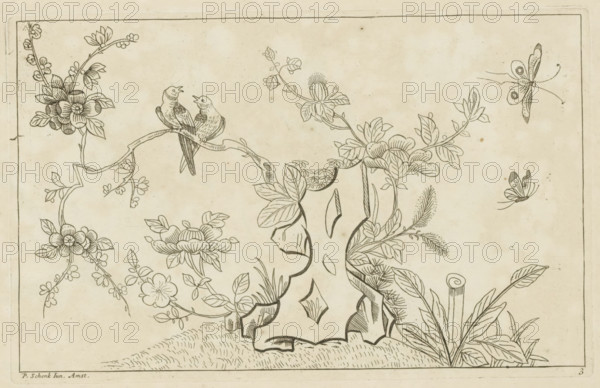 Blossom tree with birds and butterflies, Chinese flowers and birds, print, album page, ornamental