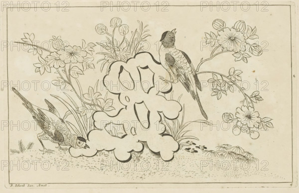 Two birds by a flowering bush, Chinese flowers and birds, print, album page, ornamental print,