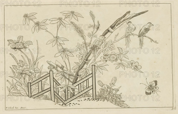Three birds in a blossoming tree, Chinese flowers and birds, print, album page, ornamental print,
