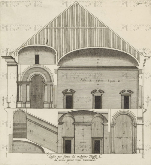 Taglio per fianco del medesimo Palazzo. C., da mezzo giorno verso tramontana., Longitudinal section