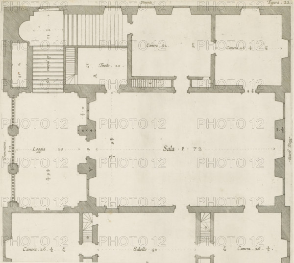 Floor plan of the first floor of the Villa Grimaldi in Genoa, print, album page, This print is part