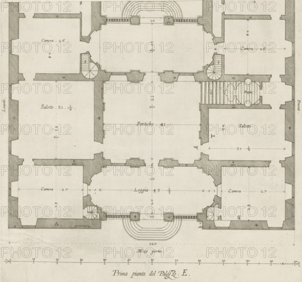 Great pianta del Palazzo. E, Floor plan of the ground floor of the villa Pallavicino delle