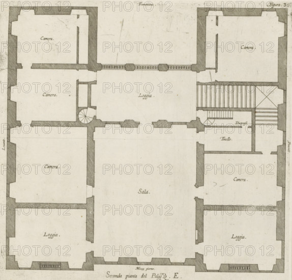 Plan of the first floor of the villa Pallavicino delle Peschiere in Genoa, Seconda pianta del