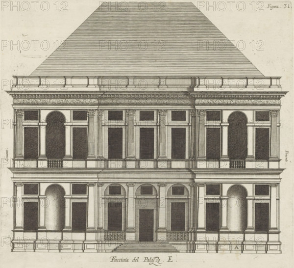 Facciata del Palazzo. E, Elevation of the façade of the Villa Pallavicino delle Peschiere in Genoa,