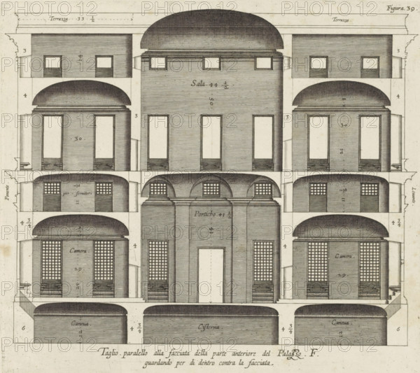 Cross section of the Palazzo Spinola in Genoa, Taglio parallel alla facciata della parte anteriore