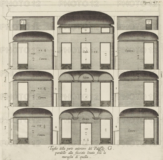 Cross-section of the Palazzo Interiano Pallavicini in Genoa, Taglio della parte anteriore del