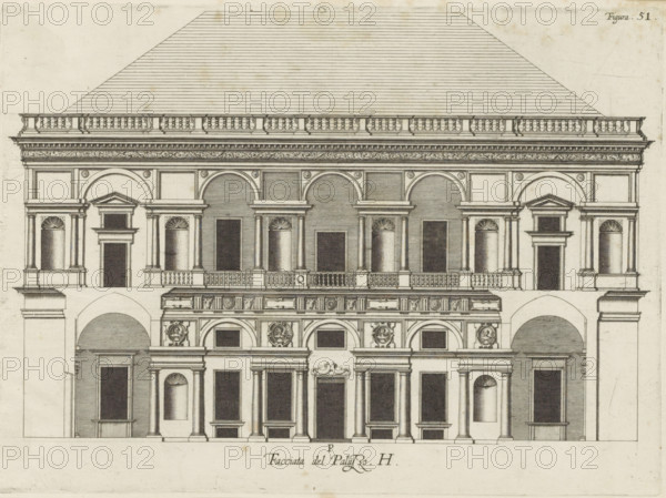 Facciata del Palazzo. H, Elevation of the facade facing the courtyard of the Villa Grimaldi-Sauli