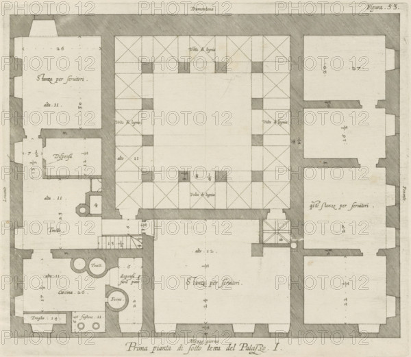 Floor plan of the basement of the Palazzo Rostan Raggio, Prima pianta di sotto terra del Palazzo.
