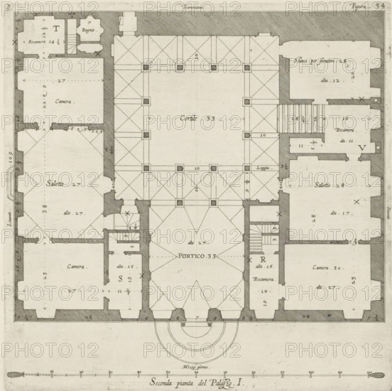 Seconda pianta del Palazzo. I, Floor plan of the ground floor of the Palazzo Rostan Raggio in