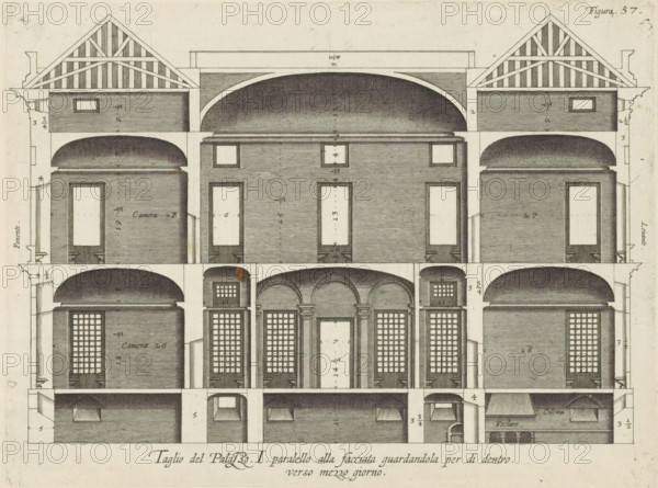 Cross-section of the Palazzo Rostan Raggio in Genoa, Taglio del Palazzo. I. parallel to the facade