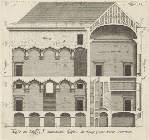 Taglio del Palazzo. I. traversando l'edificio da mezzo giorno verso tramontana, Longitudinal