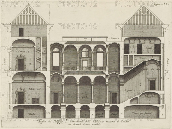 Taglio del Palazzo. I. traversando tutto l'edificio insieme il cortile, da levante verso ponente,