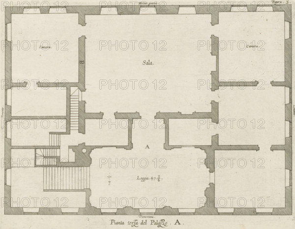 Plan of the first floor of the Palazzo Carrega-Cataldi in Genoa, Pianta terza del Palazzo. A.,