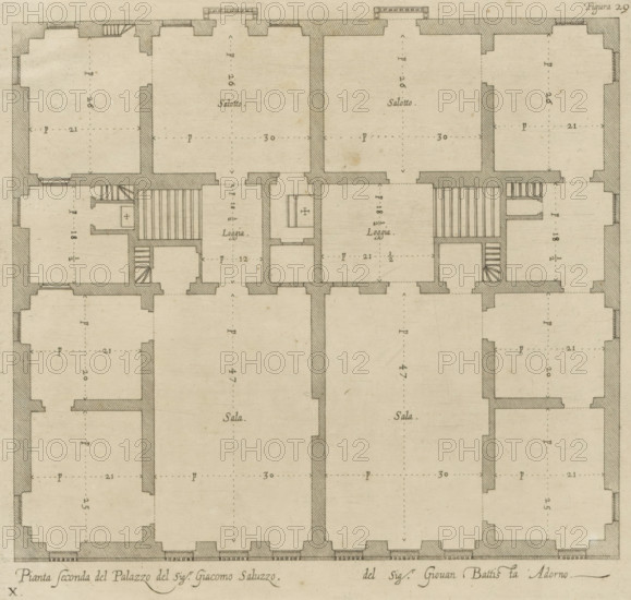 Plan of the first floor of the Palazzo Cattaneo-Adorno in Genoa, Pianta seconda del Palazzo del