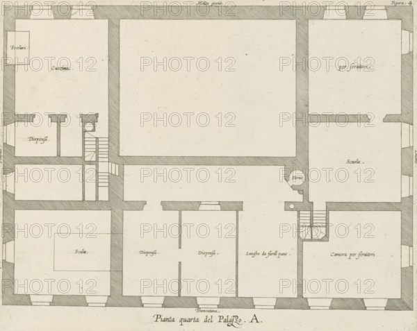 Pianta quarta del Palazzo. A., Plan of the mezzanine of the Palazzo Carrega-Cataldi in Genoa,