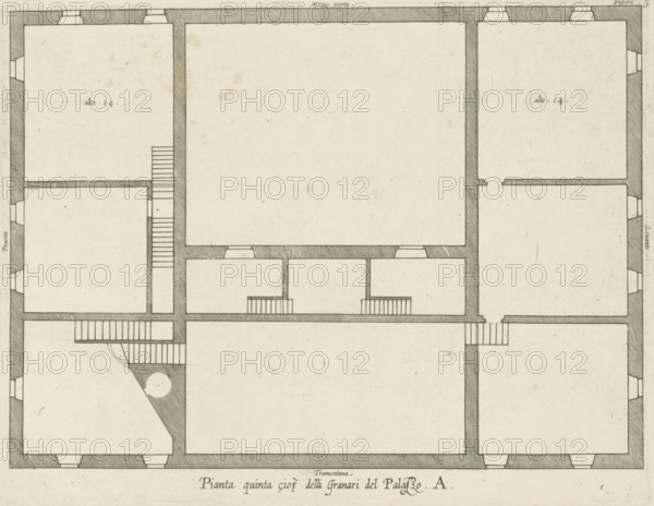 Pianta quinta cioè delli Granari del Palazzo. A., Floor plan of the attic of the Palazzo