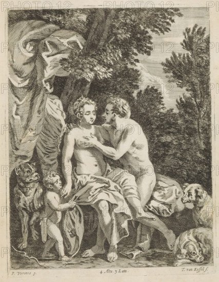 Venus and Adonis, print, album page, The lovers Venus and Adonis are sitting in a landscape. Cupid