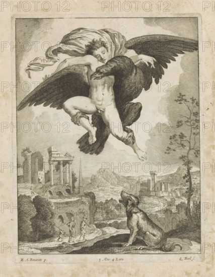 Rape of Ganymede, print, album page, Jupiter abducts the youth Ganymede in the form of an eagle. A